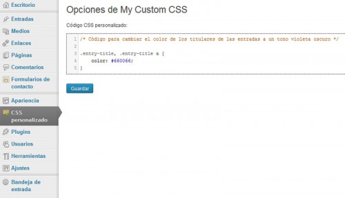 Figura 2 - Edición del código CSS personalizado