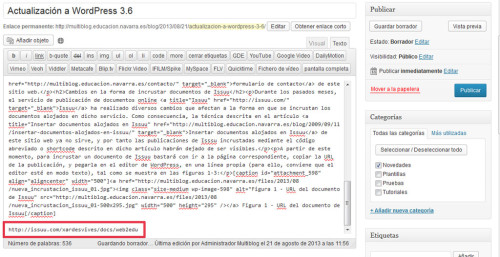 Figura 2 - URL del documento de Issuu, una vez copiada en el editor de WordPress en modo texto