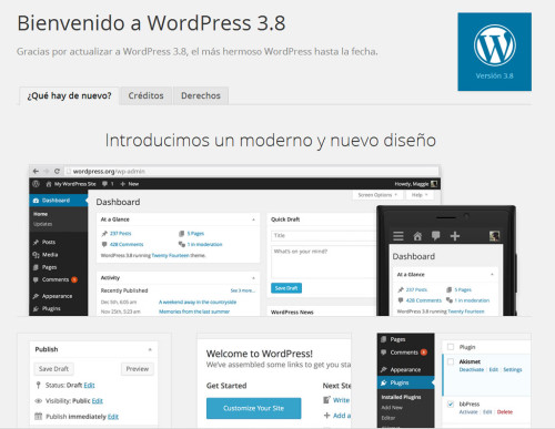 Página de bienvenida a WordPress 3.8