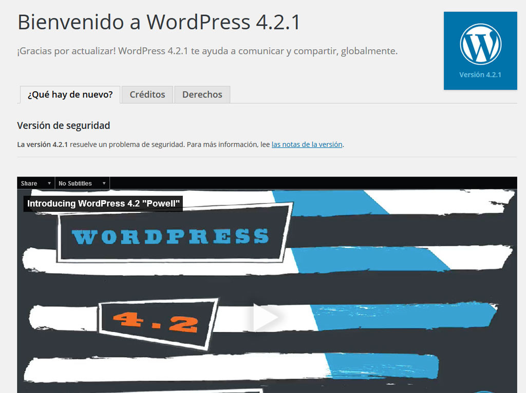 Pantalla de bienvenida de WordPress 4.2.1