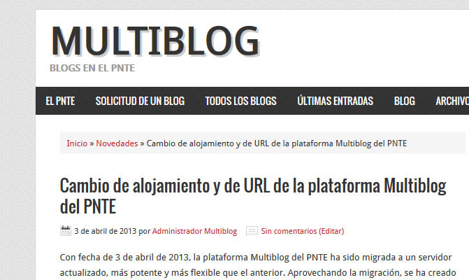 Cambio de alojamiento y de URL de la plataforma Multiblog del PNTE