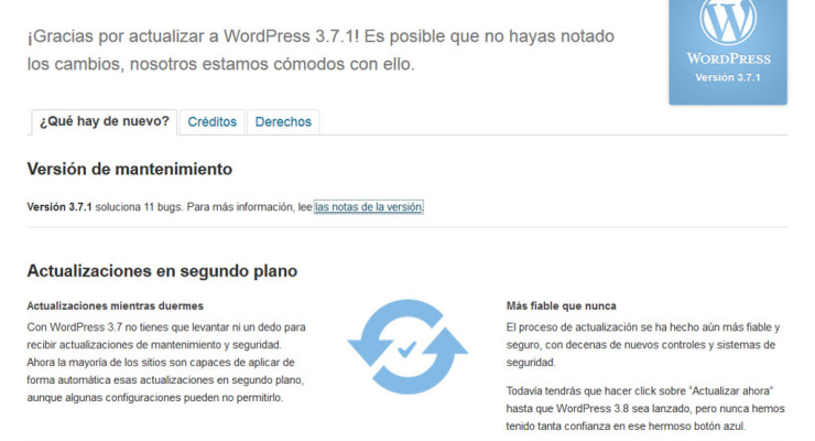 Página de bienvenida a la versión 3.7.1. de WordPress