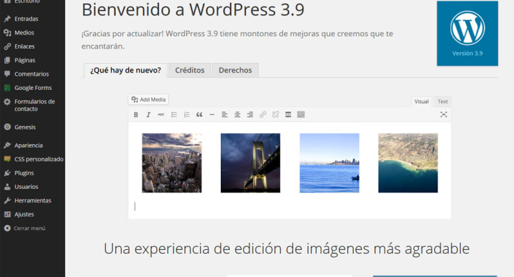 Página de bienvenida de WordPress 3.9